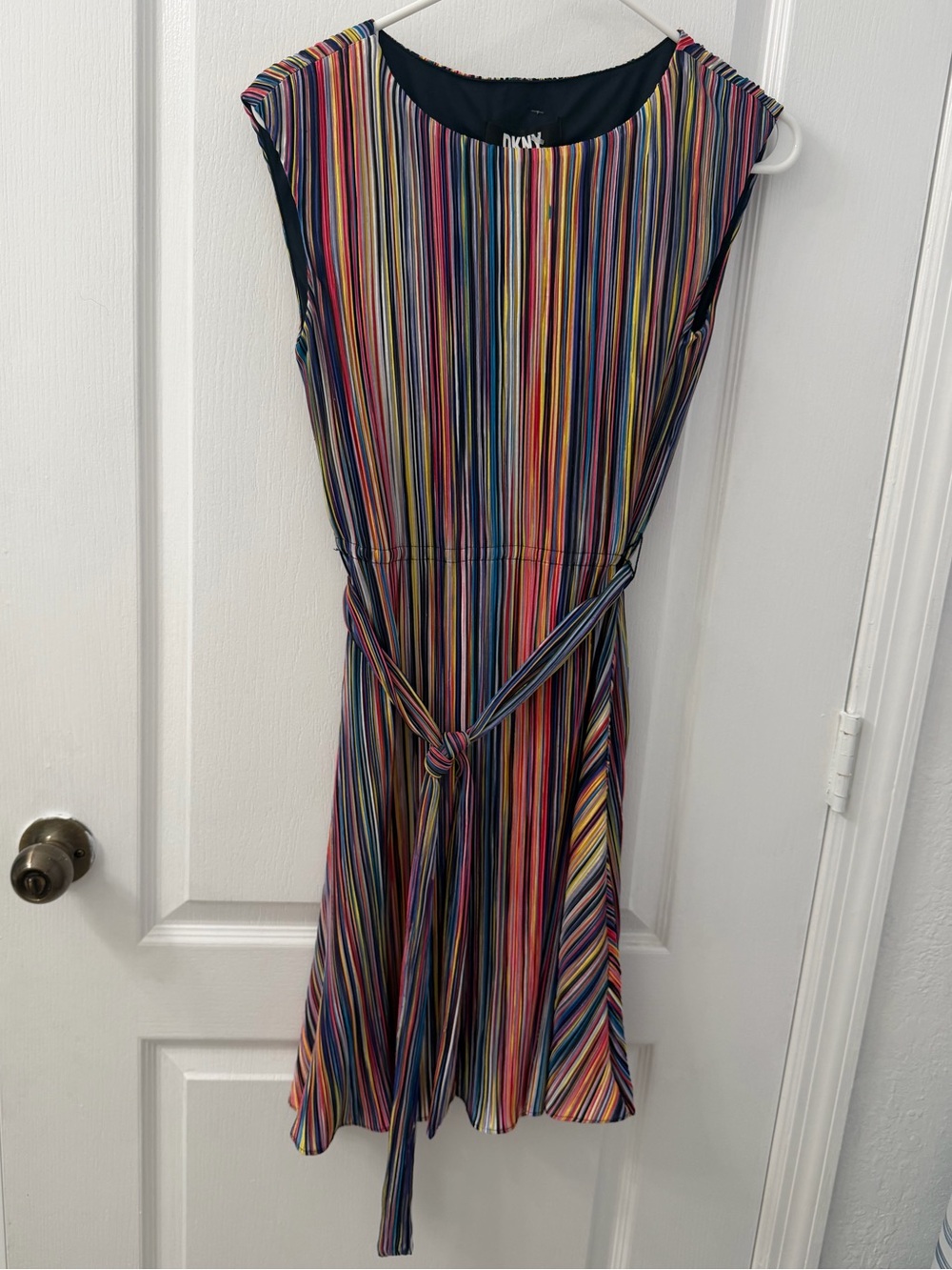 DKNY Womens Navy Striped Cap Sleeve Crew Neck Short Party Fit + Flare Dress 6P - Picture 9 of 11